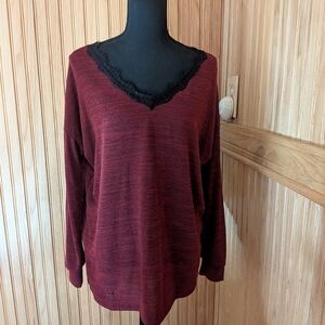 Women's Burgundy Sweater with Lace Trim